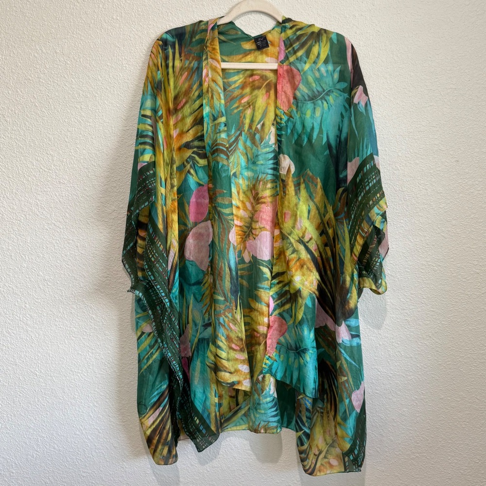 Raj One Size Silk Tropical Leaf Print‎ Kimono Cardigan